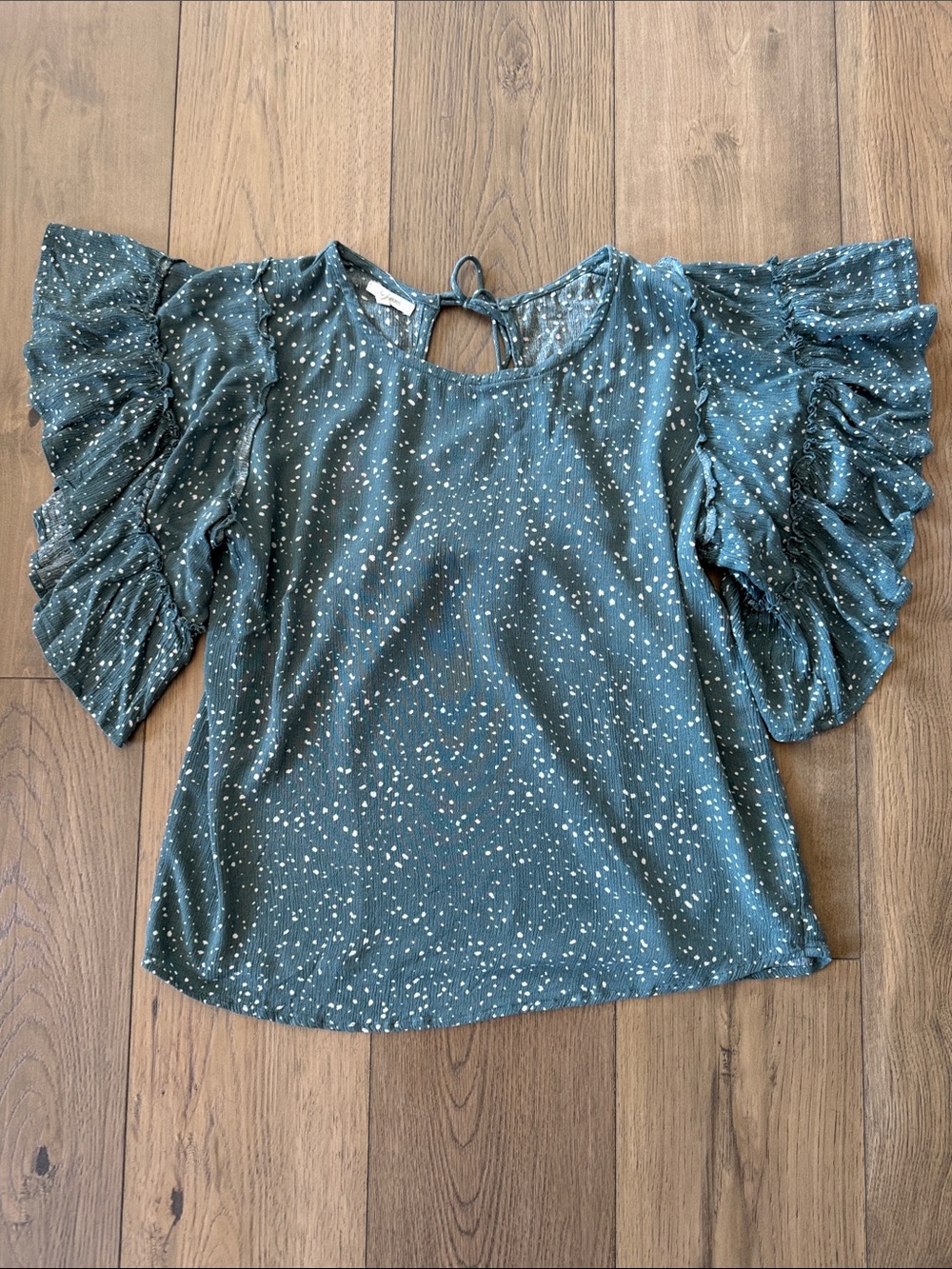 Maurices Teal Dot Ruffle Sleeve Blouse